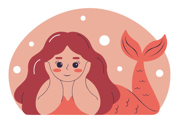 Cartoon mermaid with long red hair underwater vector flat illustration. Mythical marine creature