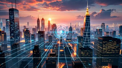 A futuristic cityscape at sunset with glowing digital elements and skyscrapers