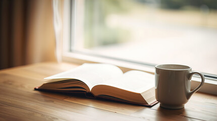Fototapeta premium Open book and next to a cup of coffee on a wooden table by the window