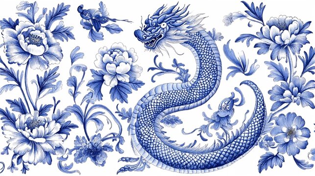 Elegant Blue Porcelain Dragon amongst Stylized Peonies Pattern