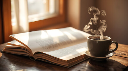 Open book and next to a cup of coffee on a wooden table by the window