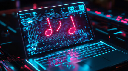 Obraz premium Icon music hologram. The laptop is an isometric view. Note icon in isometry. Future technology.