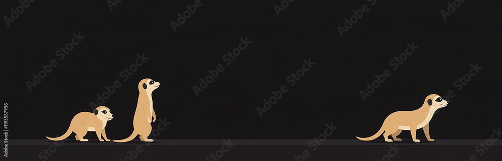 Poster three meerkats stand facing different directions on a black background, providing ample space for te