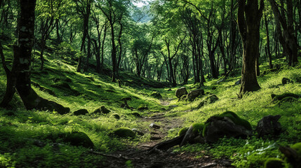 Obraz premium Enchanted Forest Pathway: Lush Green Nature