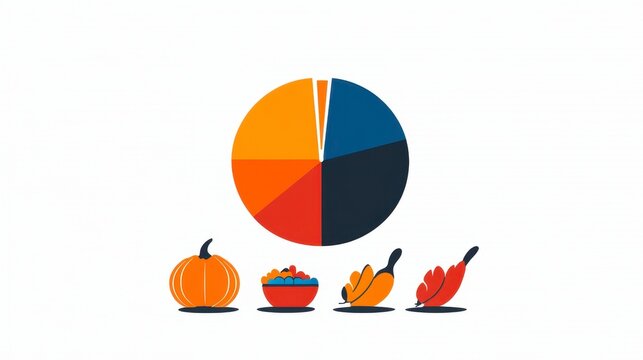 Colorful pie chart with a seasonal theme and various food items representing harvest and Thanksgiving celebrations