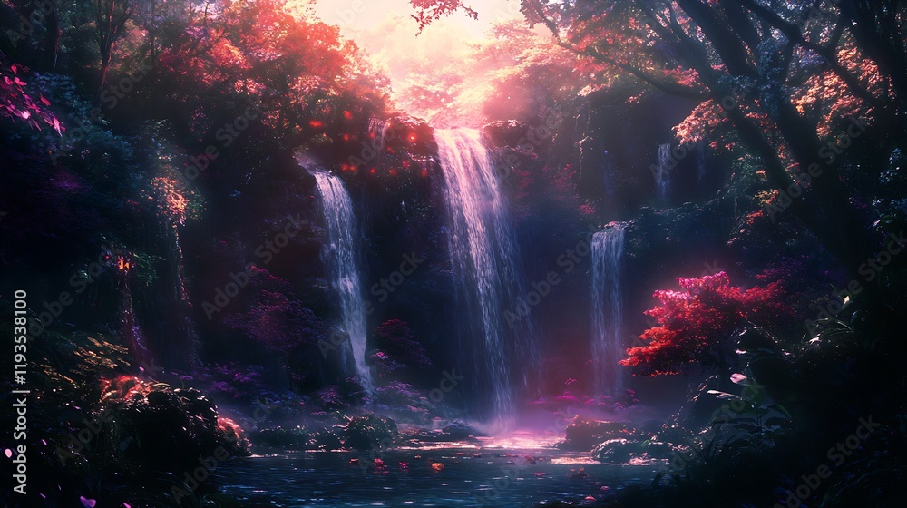 Sticker Enchanting Waterfall Cascading Through a Lush Forest