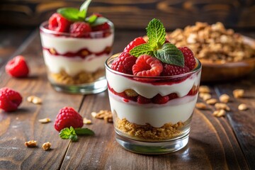 Layered Raspberry Yogurt Parfait Dessert with Graham Cracker Crumbs