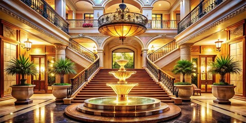 Obraz premium Lavish Hotel Entrance with Elegant Staircase and Grand Fountain - Double Exposure Stock Photo