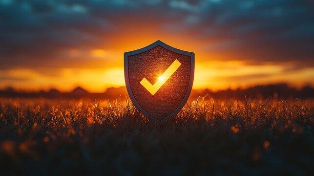 A shield symbol with a check mark stands in a field during a vibrant sunset, symbolizing protection