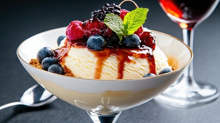 Vanilla ice cream with fresh berries and sweet syrup.