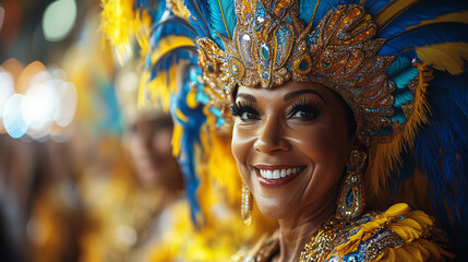 Fototapeta premium A radiant samba dancer in an elaborate blue and gold feathered headdress and shimmering costume smiles joyfully, surrounded by dazzling festival lights and the energetic rhythm of the carnival parade.
