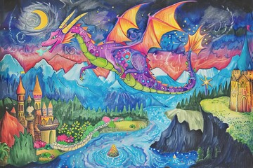 A colorful dragon soars over a vibrant landscape with mountains, a river, and a castle.