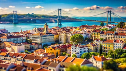 Obraz premium Lisbon, Portugal: Tilt-Shift View of 25 de Abril Bridge and Cityscape