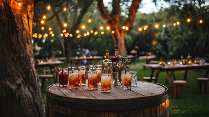 A rustic outdoor cocktail party with signature drinks, string lights, and small tables