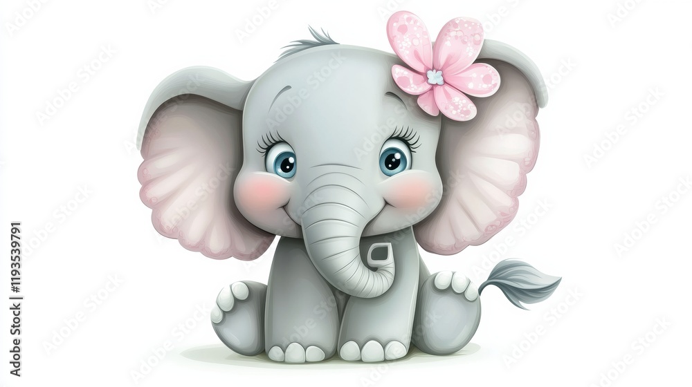 Poster cute elephant illustration featuring a smile and a flower on its head in a playful pose. generative 