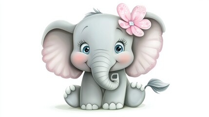 Cute elephant illustration featuring a smile and a flower on its head in a playful pose. Generative AI