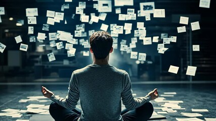 Meditation and focus in a creative space with floating ideas during an evening atmosphere