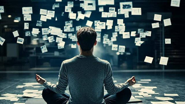 Meditation and focus in a creative space with floating ideas during an evening atmosphere