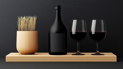 Elegant still life composition featuring a bottle of wine, two glasses, and a decorative plant against a sleek black background