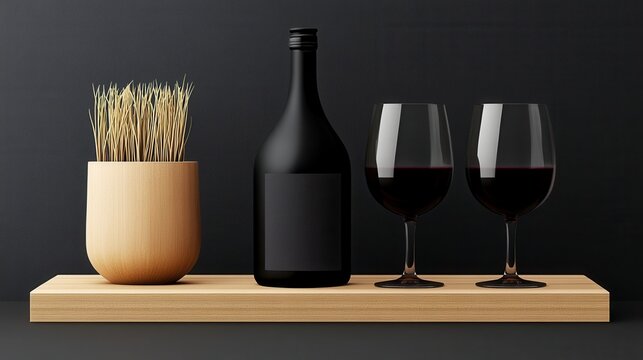 Elegant still life composition featuring a bottle of wine, two glasses, and a decorative plant against a sleek black background