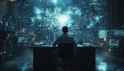 Male data scientist works on a futuristic virtual interface, analyzing complex algorithms and artificial intelligence applications.