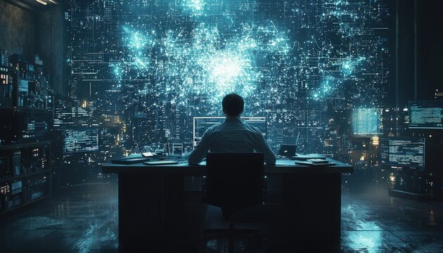 Male data scientist works on a futuristic virtual interface, analyzing complex algorithms and artificial intelligence applications.