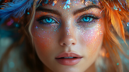 A mesmerizing close-up portrait of a carnival queen with striking blue eyes, shimmering glitter makeup, and radiant feathers, embodying the magic and vibrancy of a festive celebration.