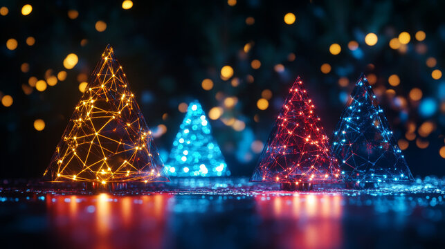 Hologram Christmas lights. Christmas lights made of polygons, triangles, dots, and lines. Low-poly Christmas lights structure of connections. Technology concept vector.