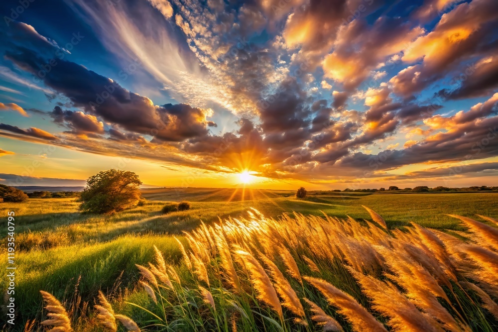 Wall mural Lonely Sunset Panorama: Grass Blowing in Golden Hour Wind