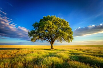 Fototapeta premium Lone Tree in Grassy Field, Clear Blue Sky - Serene Nature Stock Photo