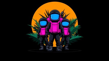 Three futuristic astronauts in vibrant pink suits against a bold orange backdrop with tropical foliage