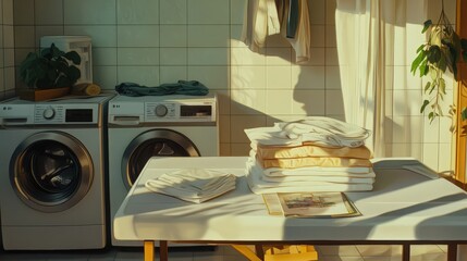 Laundry room with two washing machines and folded clothes on table in sunlight