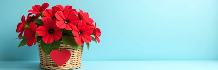 A Bouquet Of Red Petunias In A Wicker Basket Adorned With A Small Red Heart On A Soft Blue Background. 00002