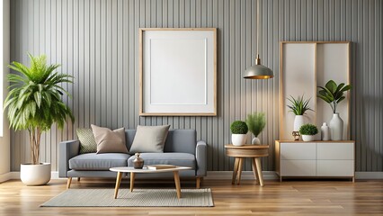 Modern home interior background, mock up poster wall, 3d render, white Mock up frame