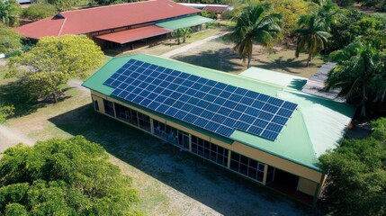 Aerial view of solar panels on tropical building roof in lush environment