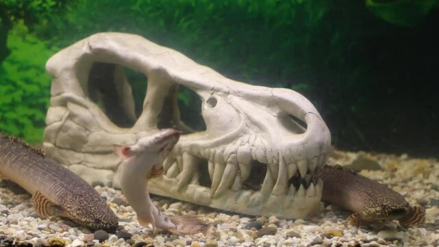 Polypterus delgaze fish swims between dinosaur skeleton aquarium