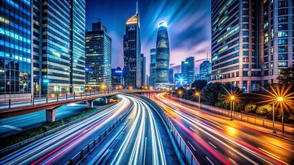 Fototapeta premium Long Exposure City Lights, Night Photography, Urban Scene, Blurred Motion, Glowing Cityscape