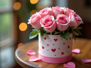 A Delicate Bouquet Of Pink Roses Sits In A Gift Box With Heart Decorations On A Wooden Table During Romantic Celebrations. 00002