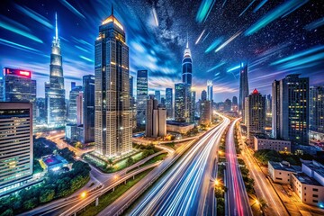 Obraz premium Long Exposure Cityscape at Night, Soaring Skyscrapers, Urban Lights, Dramatic Sky