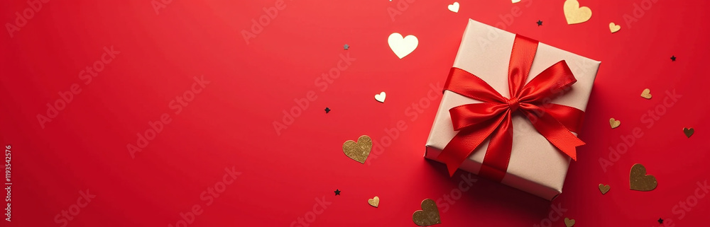 Poster a flat lay design features a gift box wrapped in satin ribbon, surrounded by golden hearts and confe
