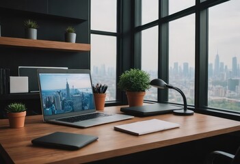 An apple desktop computer is placed on a desk positioned in front of a window
