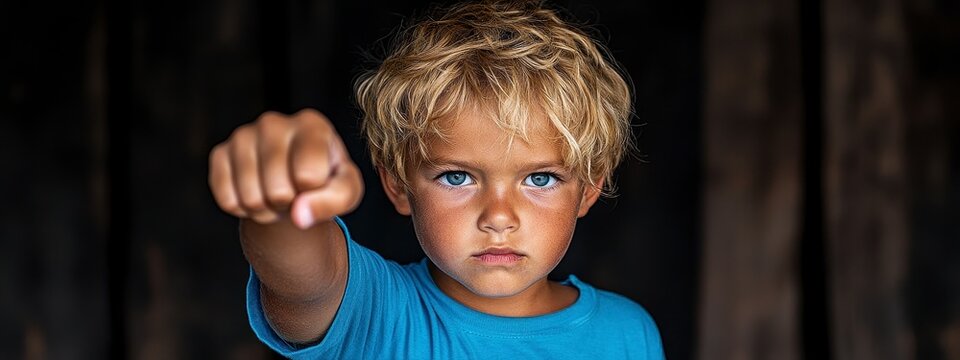 A determined young boy with striking blue eyes and tousled blonde hair confidently raises his fist, expressing strength and resolve.