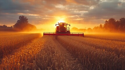 Naklejka premium Sunrise Over Golden Wheat Field with Tractor Harvesting in Early Morning Light, Creating a Dramatic Scene of Agriculture and Nature's Beauty