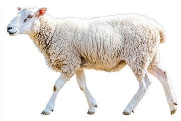 Fototapeta premium White sheep walking, thick fleece, isolated.