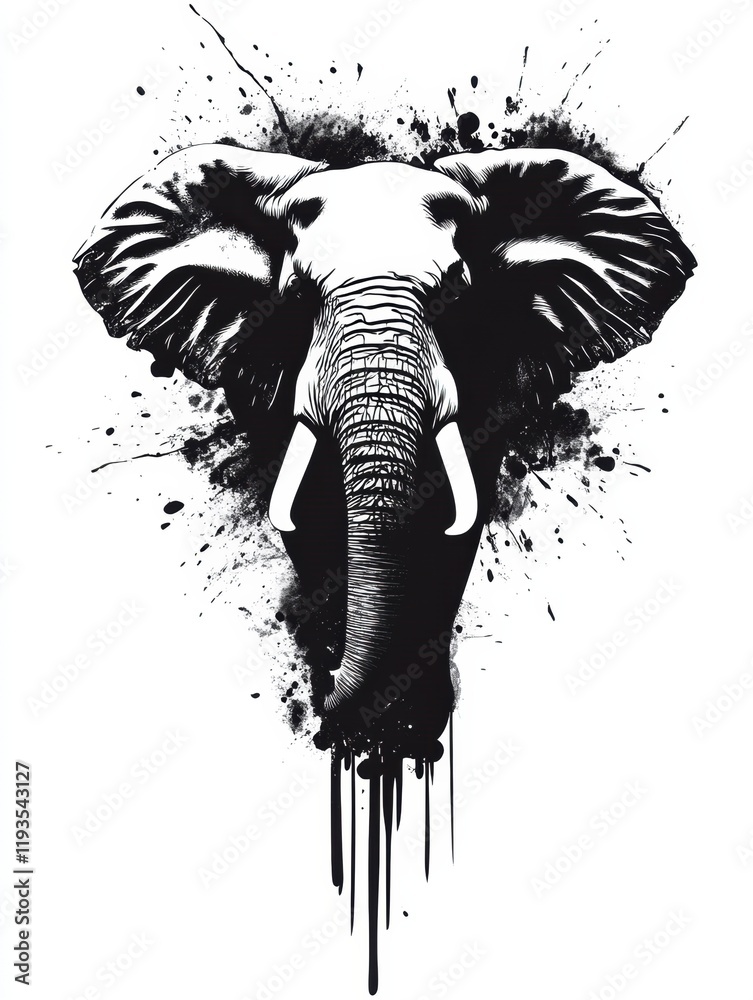 Poster majestic elephant illustration featuring expressive details and artistic splashes of ink on a white 
