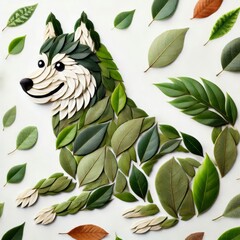 A flat husky dog made from green leaves and a white background, decorative arrangement art 0643