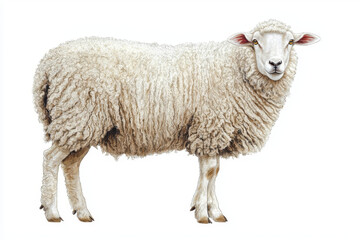 Fluffy white sheep standing, full body profile.