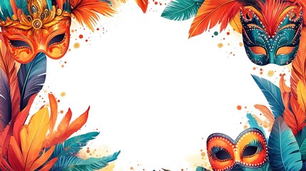  Carnival-themed border featuring vibrant masks, feathers, and beads arranged along the edges. Perfect for creating invitations, posters, or festive event graphics.