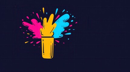 Vibrant explosion of colorful splashes from a stylized drink container set against a dark background