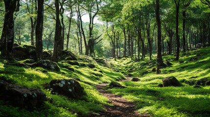 Obraz premium Serene Forest Path in Lush Green Landscape